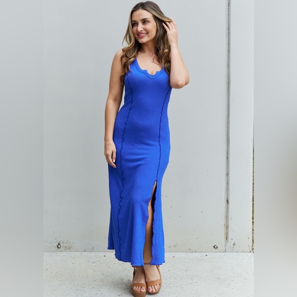 Culture Code Look At Me Full Size Notch Neck Maxi Dress with Slit in Cobalt Blue - Picture 8 of 11